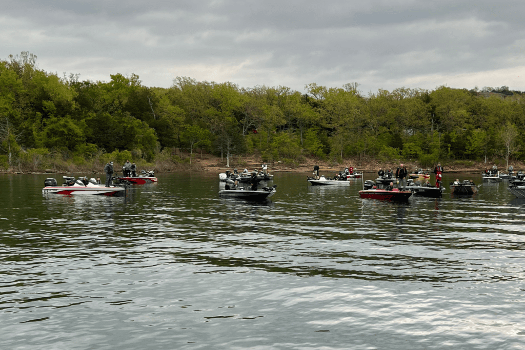 Several boats with fishermen are ready to cast off for the Arc of the Ozarks Fishing Tournament.